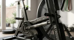 Close-up of the powder-coated heavy duty steel frame on a CrossFit bike designed for home use.