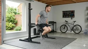 A man using the integrated rear handles of independent squat stands for bodyweight dip training in a home workout space.