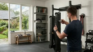 Technical illustration showing the secure installation of a wall mounted squat rack into solid British masonry using heavy-duty bolts.