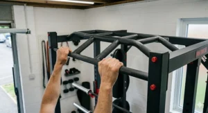 Multi-grip pull-up bar attachment on a value-for-money power rack for bodyweight exercises.