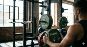 Built-in weight plate storage pegs on a commercial grade power rack to keep the gym floor tidy, safe, and organised.