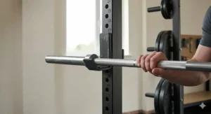 A pair of padded J-cups being adjusted on a power rack to hold an Olympic barbell at the correct height.