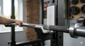 A detailed illustrative close-up focusing on a premium sandwich-style J-hook, featuring a contrasting white UHMW plastic liner designed to protect barbell knurling.