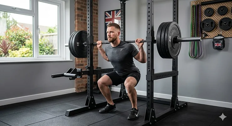 A high-quality photorealistic hero image for the UK market, featuring an athlete preparing for a squat within a professional garage home gym, using a robust power rack equipped with detailed J-hooks, with visible British cultural details in the background. j hooks for power rack
