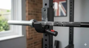 A technical illustration highlighting the security of a J-hook attachment, showing a safety pin locking mechanism engaged with a power rack upright for secure barbell support.