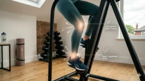 Illustration demonstrating the low-impact vertical climbing motion that protects ankles and knee joints during exercise.