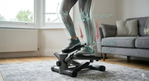 Anatomy diagram showing the low-impact fluid motion of a twist stepper for protected knee and ankle joints.