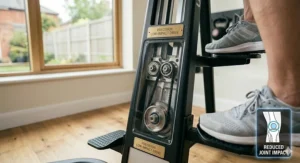 Close-up of a climber machine emphasising joint-friendly movement for home cardio fitness.