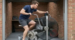 Alt text for image 7: A man performing an explosive HIIT sprint on a fan bike within a British garage gym conversion.