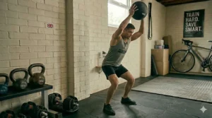 Overhead medicine ball slams being performed on a rubber gym floor to replicate the explosive power required for cross-country ski training.