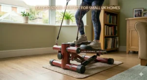 A senior woman using a mini stepper with resistance cords to engage arms and legs simultaneously for a complete home workout.