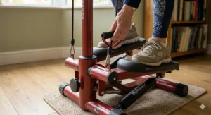 Close-up of a mini stepper with adjustable resistance bands and non-slip pedals for a safe and stable senior exercise routine.