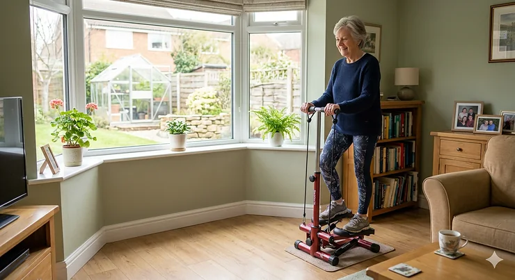 An elderly British woman exercising on a red mini stepper with resistance bands in a sunlit UK living room overlooking a garden; an affordable home fitness solution for seniors. mini stepper for seniors UK under £100