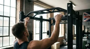 A commercial power rack featuring a multi-grip chin-up station for varied upper body strength training and grip options.
