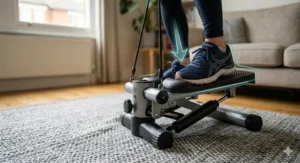 Wide, textured non-slip footplates on a mini stepper, ensuring stability for someone with bad knees.