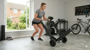 A woman using transport wheels to move independent squat stands across a concrete garage floor for easy storage after a training session.