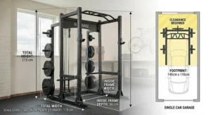 Technical drawing showing the height and footprint of a power rack designed to fit inside a standard UK garage.