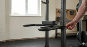 Removable dip handle attachments fitted to a power rack for performing bodyweight tricep exercises.