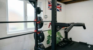 Optional dip bar handles attached to a budget power rack for upper body workouts.