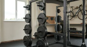 Supporting illustration of weight plate storage pegs attached to the rear of a power rack to save floor space.