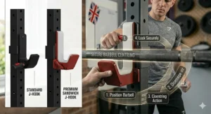 A step-by-step technical illustration guiding the user on how to attach and adjust the safety locking mechanism of the J-hooks on a squat rack.