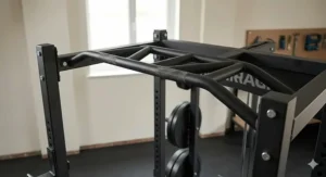 Detailed view of a multi-grip pull-up station at the top of a steel power rack frame.