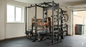 A versatile power rack for home gym use featuring an integrated lat pulldown and low row cable attachment.