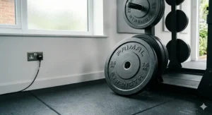 Close-up of cast iron Olympic weight plates with Primal Strength branding on rubber gym flooring.