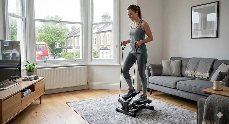 A woman using a compact quiet twist stepper in a modern British flat living room with natural light and sash windows. quiet twist stepper for apartment flat living