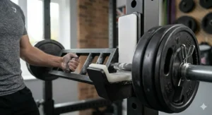An illustration demonstrating the high weight capacity of a reinforced J-hook, securely holding a heavily loaded multi-grip barbell with bumper plates.