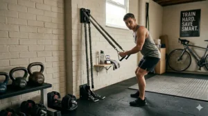 A man in a UK home gym using heavy-duty resistance bands attached to a wall to mimic the downward pulling motion of a SkiErg.