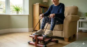 A senior person using a mini stepper while seated on a comfortable fabric armchair, perfect for gentle circulation and leg movement.