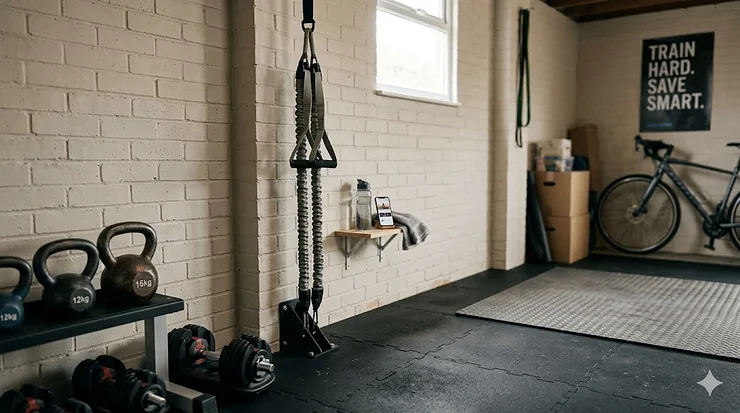 A wall-mounted multi-piston cable resistance trainer with handles, acting as a compact and cheaper SkiErg alternative in a photorealistic, daylight-lit home garage gym. SkiErg alternative cheaper UK home gym