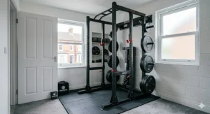 Compact budget power rack design ideal for small UK spare rooms or narrow garages.