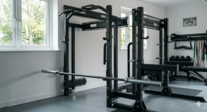 Slimline foldable power rack tucked flat against a garage wall to save floor space.