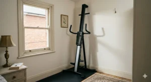 Illustration of a foldable vertical climber stored neatly in the corner of a typical British box room.