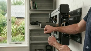 Illustration of weight plate storage attachments on a wall mounted squat rack to keep a UK home gym tidy and organised.