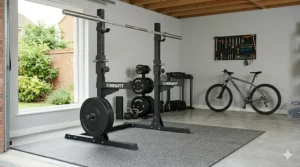 A pair of independent squat stands featuring adjustable spotter arms and J-cups set up with a barbell for safe solo weightlifting.