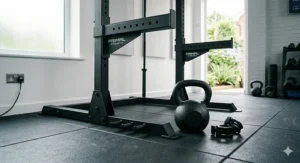 Wide-base frame of a half rack for home gym use ensuring stability during heavy squats and overhead presses.