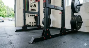 The wide, stable base of a home gym power rack showing floor contact points for safety.