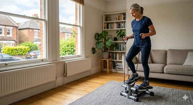 A healthy British woman in her 50s using a mini stepper in a bright living room with a radiator and sash window. stepper for bad knees low impact