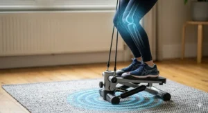A close-up diagram showing a low impact mini stepper protecting the knee joint by distributing force.