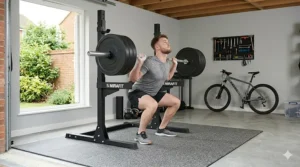 A detailed side view of a lifter squatting with a heavy barbell on sturdy reinforced steel independent squat stands in a garage setting.