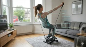 Woman engaging upper body muscles using integrated resistance bands on a twist stepper in a London-style flat.
