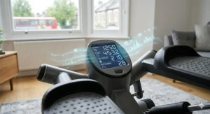 Close-up of a digital LCD monitor on a home stepper displaying steps, calories, and workout time.