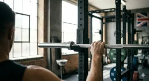 High-strength J-cups with protective UHMW plastic lining to protect Olympic barbells on a heavy-duty commercial power cage.