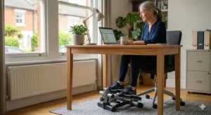 A woman using a compact under-desk stepper while working at her oak computer desk in a UK home office.