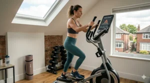 Infographic comparing hourly calories burned on a vertical climbing machine versus a treadmill.