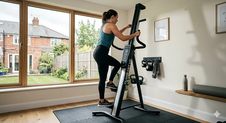 A person performing a high-intensity interval training session on a vertical climber in a bright UK home gym. vertical climber for home HIIT workouts