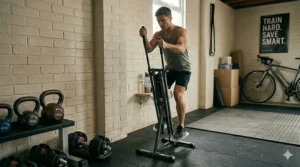 A compact vertical climber machine providing a full-body cardio workout, shown as a space-saving and affordable SkiErg substitute.